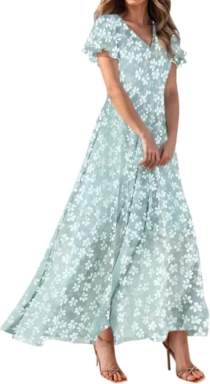 Church Dresses for Women 2025 Summer Short Sleeve Chiffon Floral Modest Dress Retro Boho Wedding Guest Dress