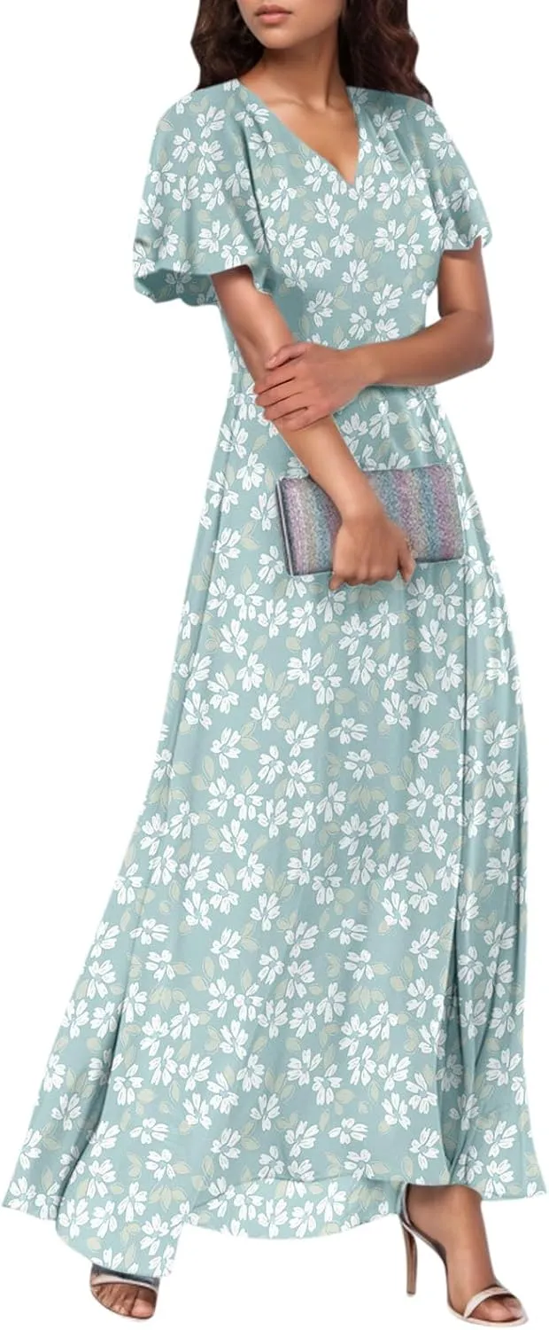Church Dresses for Women 2025 Summer Short Sleeve Chiffon Floral Modest Dress Retro Boho Wedding Guest Dress