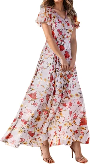 Church Dresses for Women 2025 Summer Short Sleeve Chiffon Floral Modest Dress Retro Boho Wedding Guest Dress