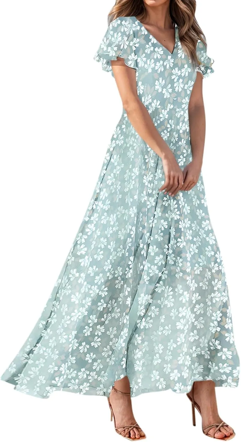 Church Dresses for Women 2025 Summer Short Sleeve Chiffon Floral Modest Dress Retro Boho Wedding Guest Dress