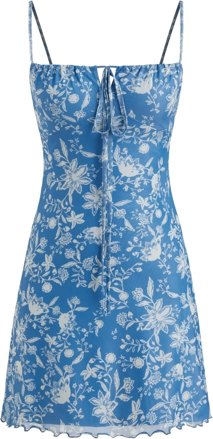 CIDER Summer Floral Mini Dress Casual Cute Vacation Beach Sundress Square Neck Short Dress