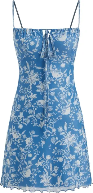 CIDER Summer Floral Mini Dress Casual Cute Vacation Beach Sundress Square Neck Short Dress