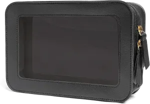Clear and Waterproof Makeup Bag Portable Travel Cosmetic Case Organizer for Women Toiletry Pouch with Transparent Vinyl Windows & Zippers (Black)