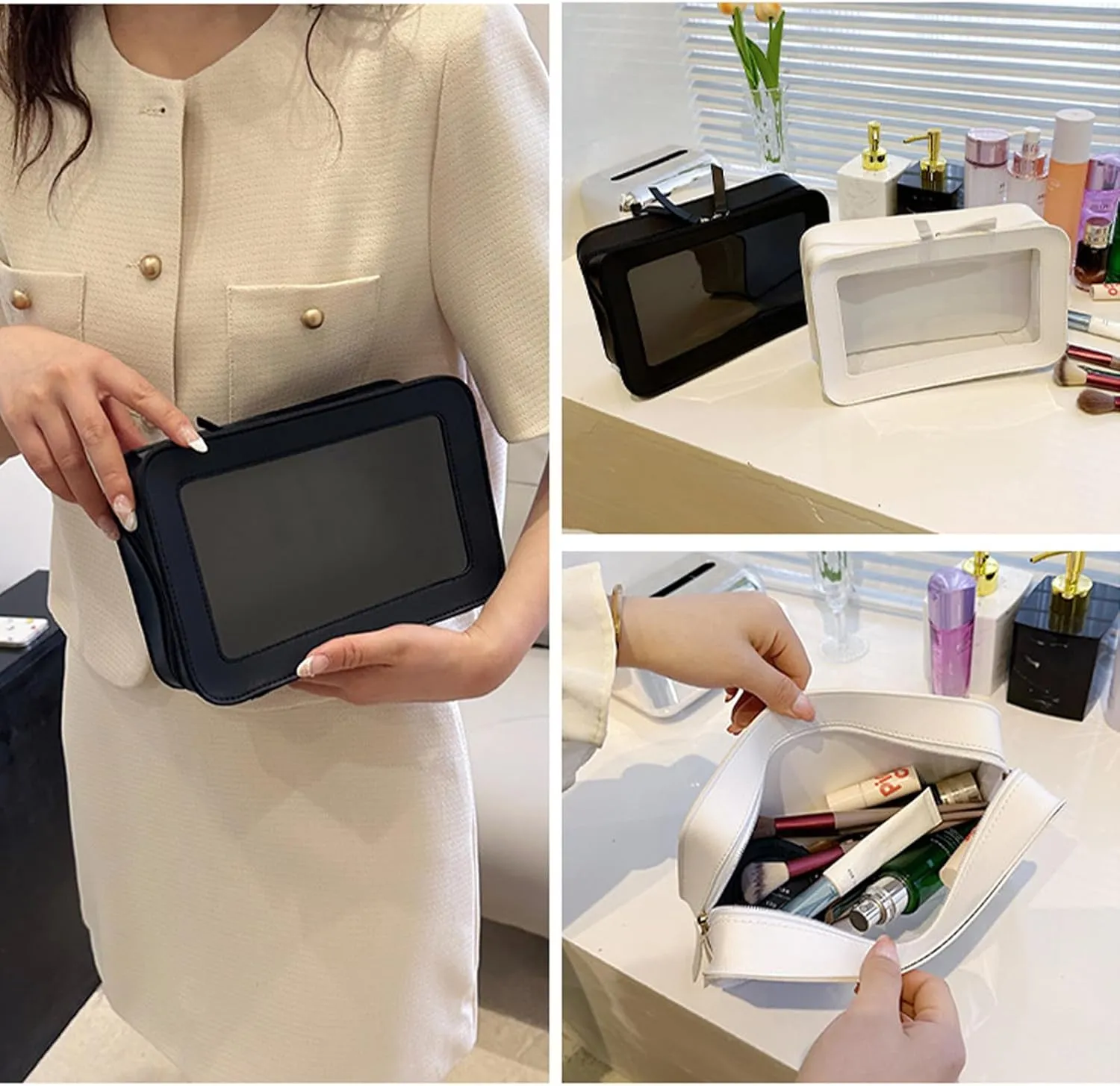 Clear and Waterproof Makeup Bag Portable Travel Cosmetic Case Organizer for Women Toiletry Pouch with Transparent Vinyl Windows & Zippers (Black)