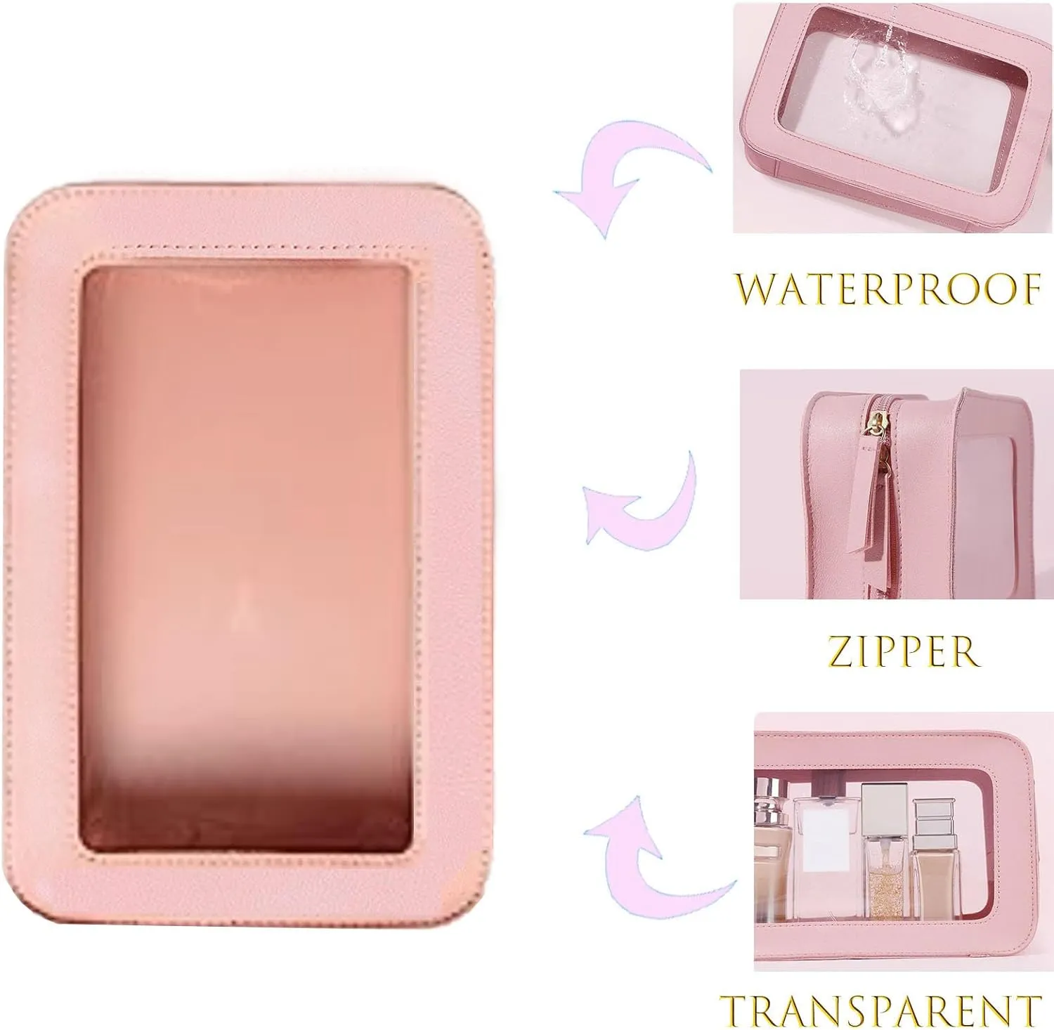 Clear and Waterproof Makeup Bag Portable Travel Cosmetic Case Organizer for Women Toiletry Pouch with Transparent Vinyl Windows & Zippers (Black)