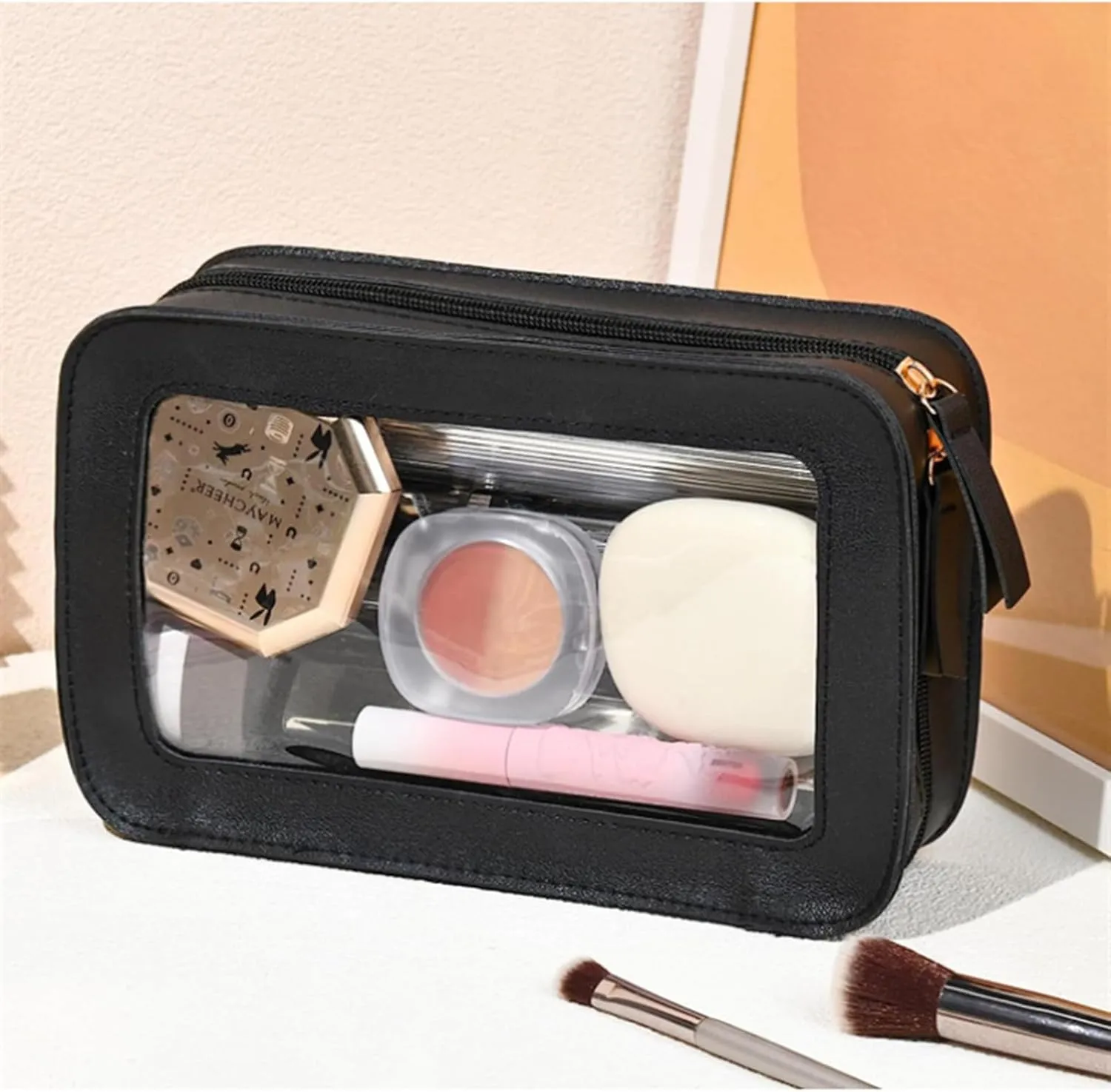 Clear and Waterproof Makeup Bag Portable Travel Cosmetic Case Organizer for Women Toiletry Pouch with Transparent Vinyl Windows & Zippers (Black)
