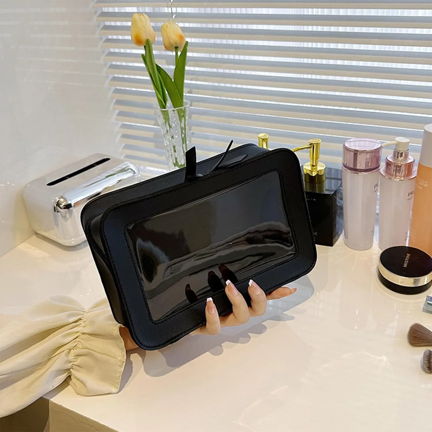 Clear and Waterproof Makeup Bag Portable Travel Cosmetic Case Organizer for Women Toiletry Pouch with Transparent Vinyl Windows & Zippers (Black)