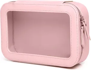 Clear and Waterproof Makeup Bag Portable Travel Cosmetic Case Organizer for Women Toiletry Pouch with Transparent Vinyl Windows & Zippers (Pink)