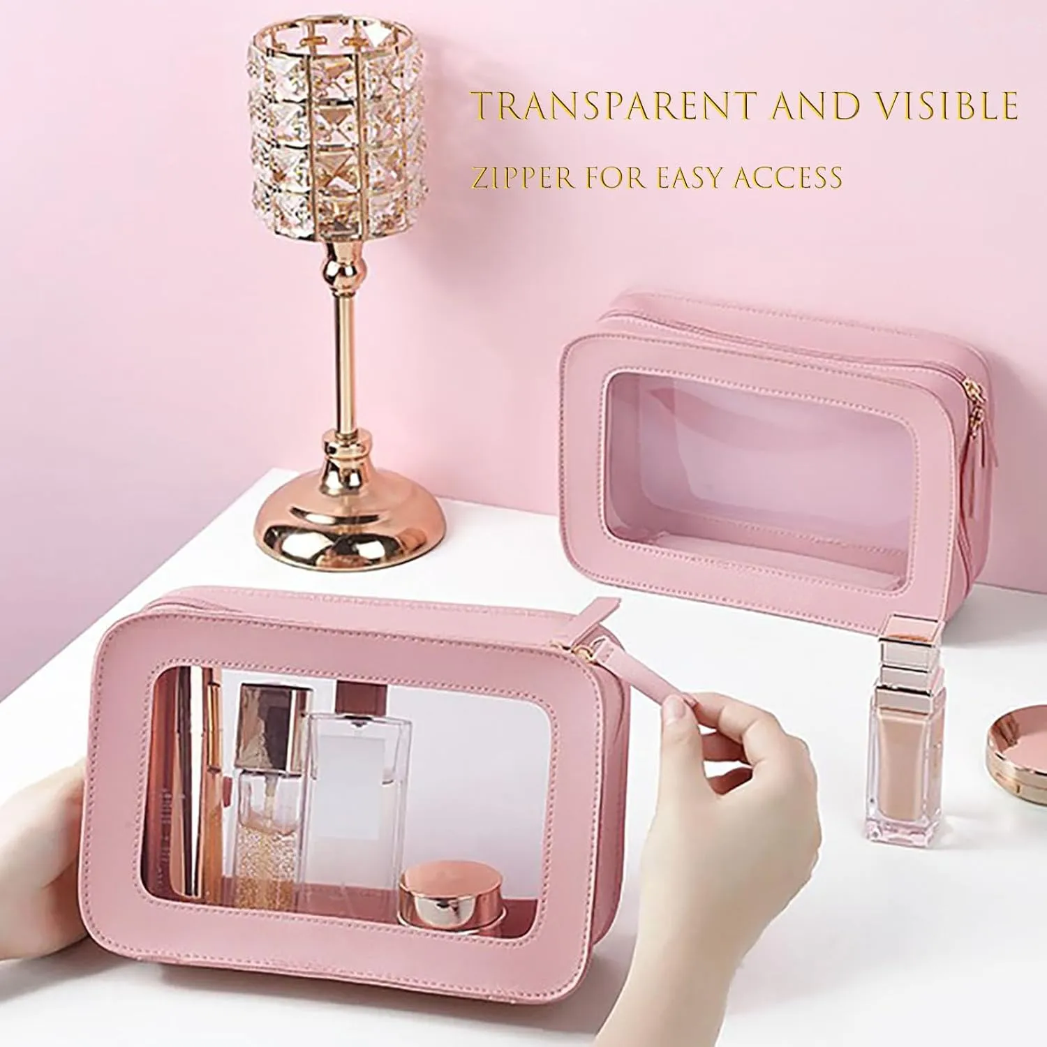 Clear and Waterproof Makeup Bag Portable Travel Cosmetic Case Organizer for Women Toiletry Pouch with Transparent Vinyl Windows & Zippers (Pink)