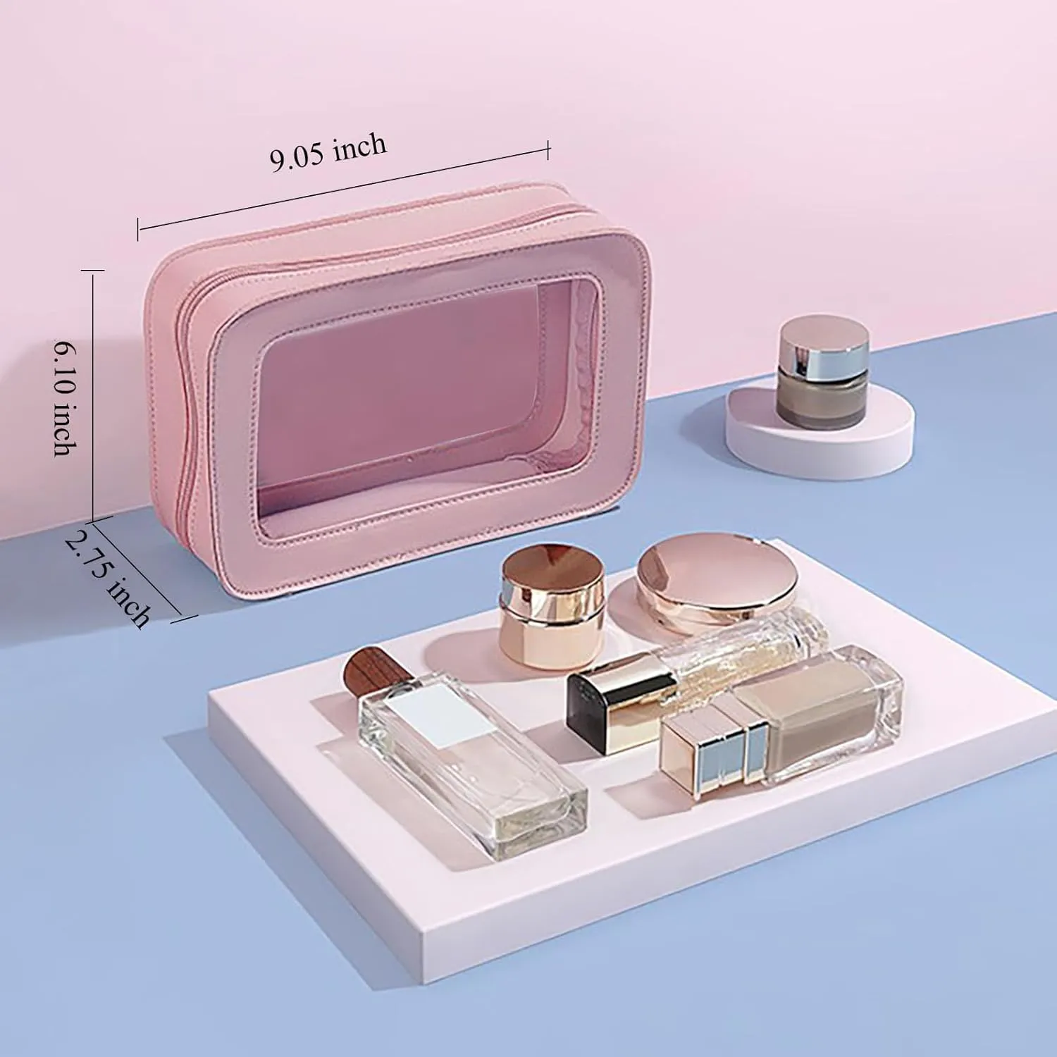 Clear and Waterproof Makeup Bag Portable Travel Cosmetic Case Organizer for Women Toiletry Pouch with Transparent Vinyl Windows & Zippers (Pink)