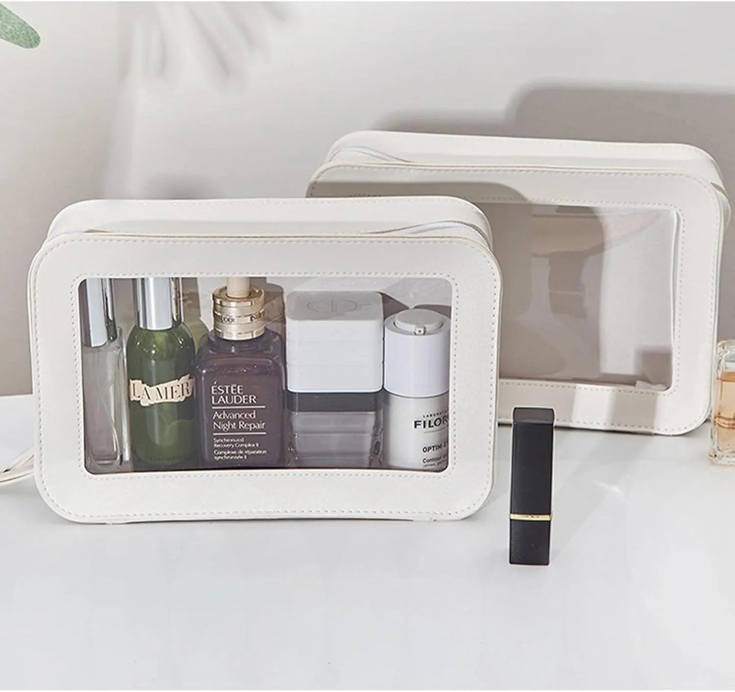 Clear and Waterproof Makeup Bag Portable Travel Cosmetic Case Organizer for Women Toiletry Pouch with Transparent Vinyl Windows & Zippers (White)