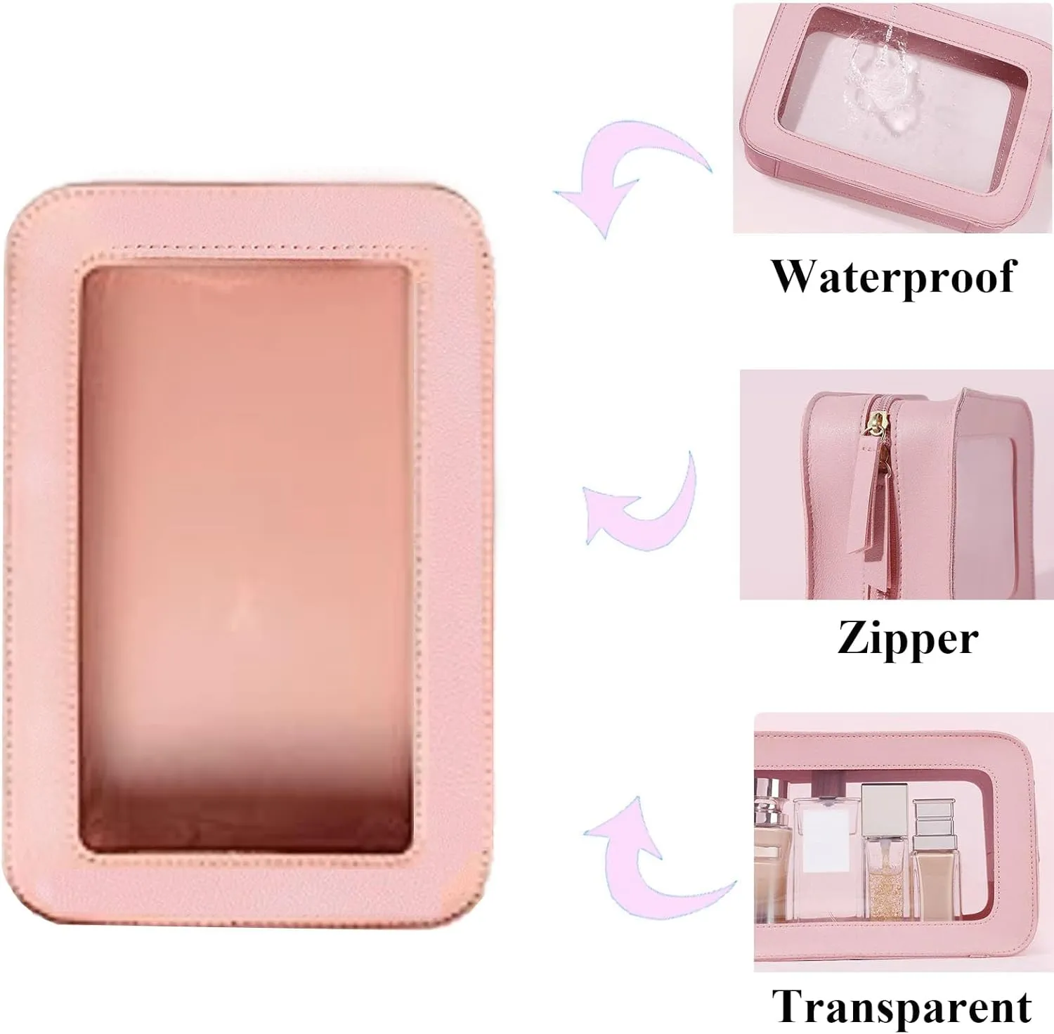 Clear and Waterproof Makeup Bag Portable Travel Cosmetic Case Organizer for Women Toiletry Pouch with Transparent Vinyl Windows & Zippers (White)