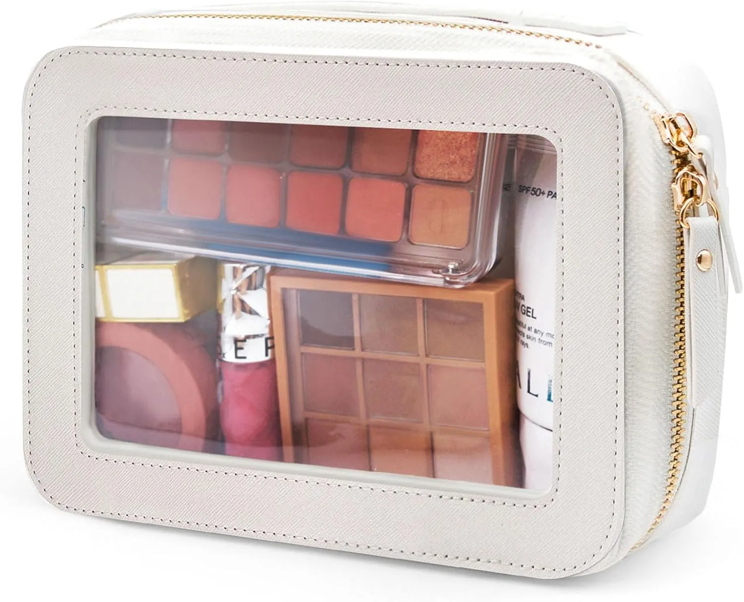 Clear Makeup Bag, PU Leather Cosmetic Bag with Zipper Portable Toiletry Makeup Organizer Case Travel Essential, Waterproof Transparent Skincare Pouch for Women (White)
