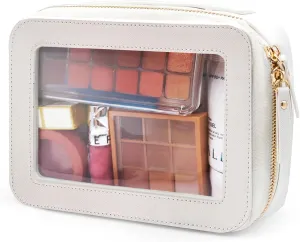 Clear Makeup Bag, PU Leather Cosmetic Bag with Zipper Portable Toiletry Makeup Organizer Case Travel Essential, Waterproof Transparent Skincare Pouch for Women (White)