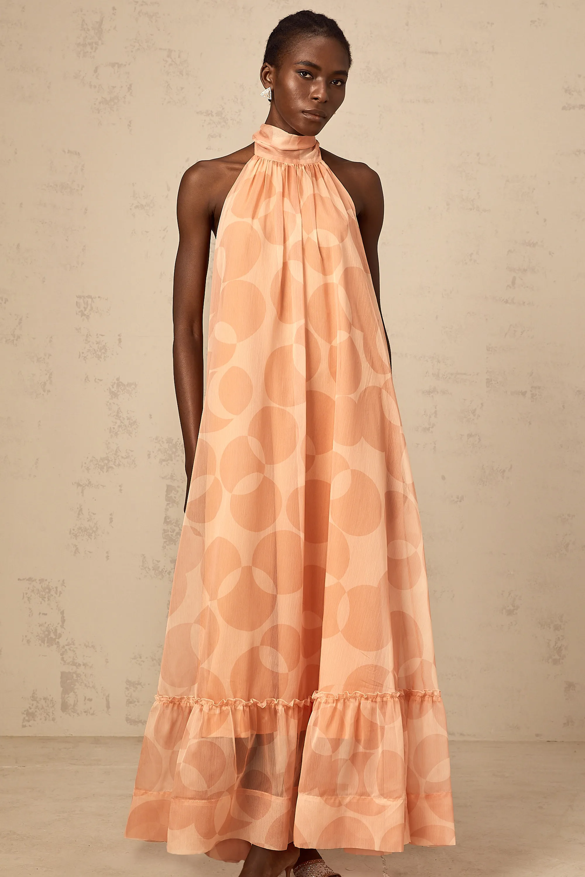 Clmence coral-pink halterneck pattern-print maxi dress