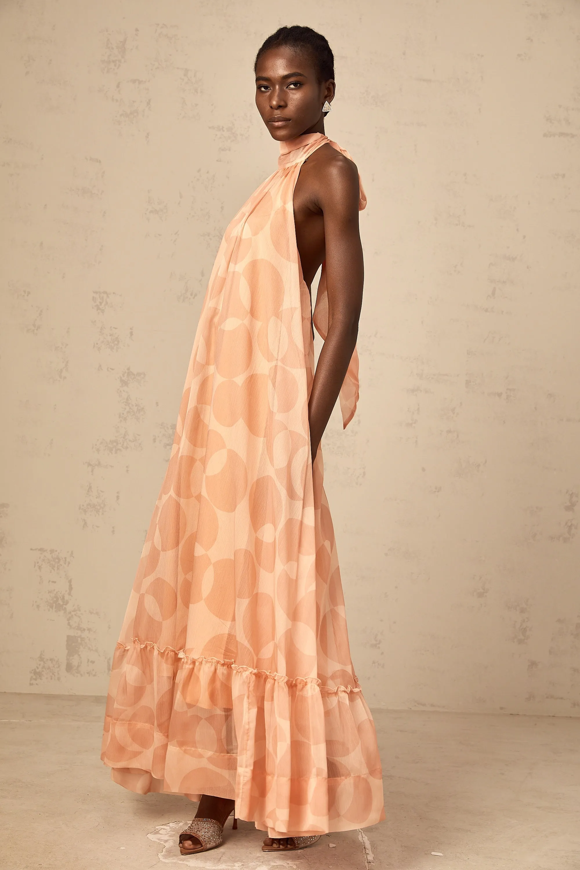 Clmence coral-pink halterneck pattern-print maxi dress
