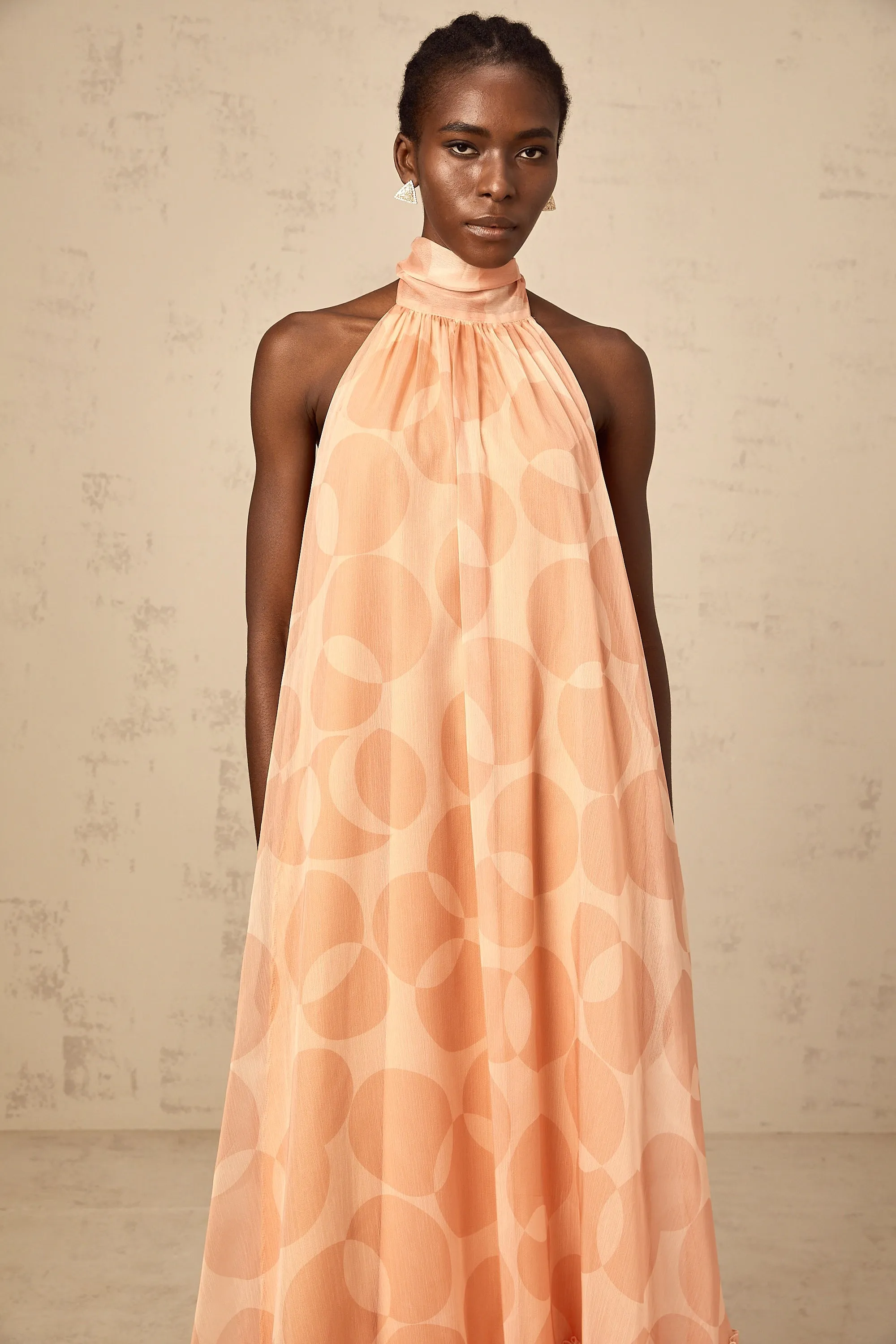 Clmence coral-pink halterneck pattern-print maxi dress