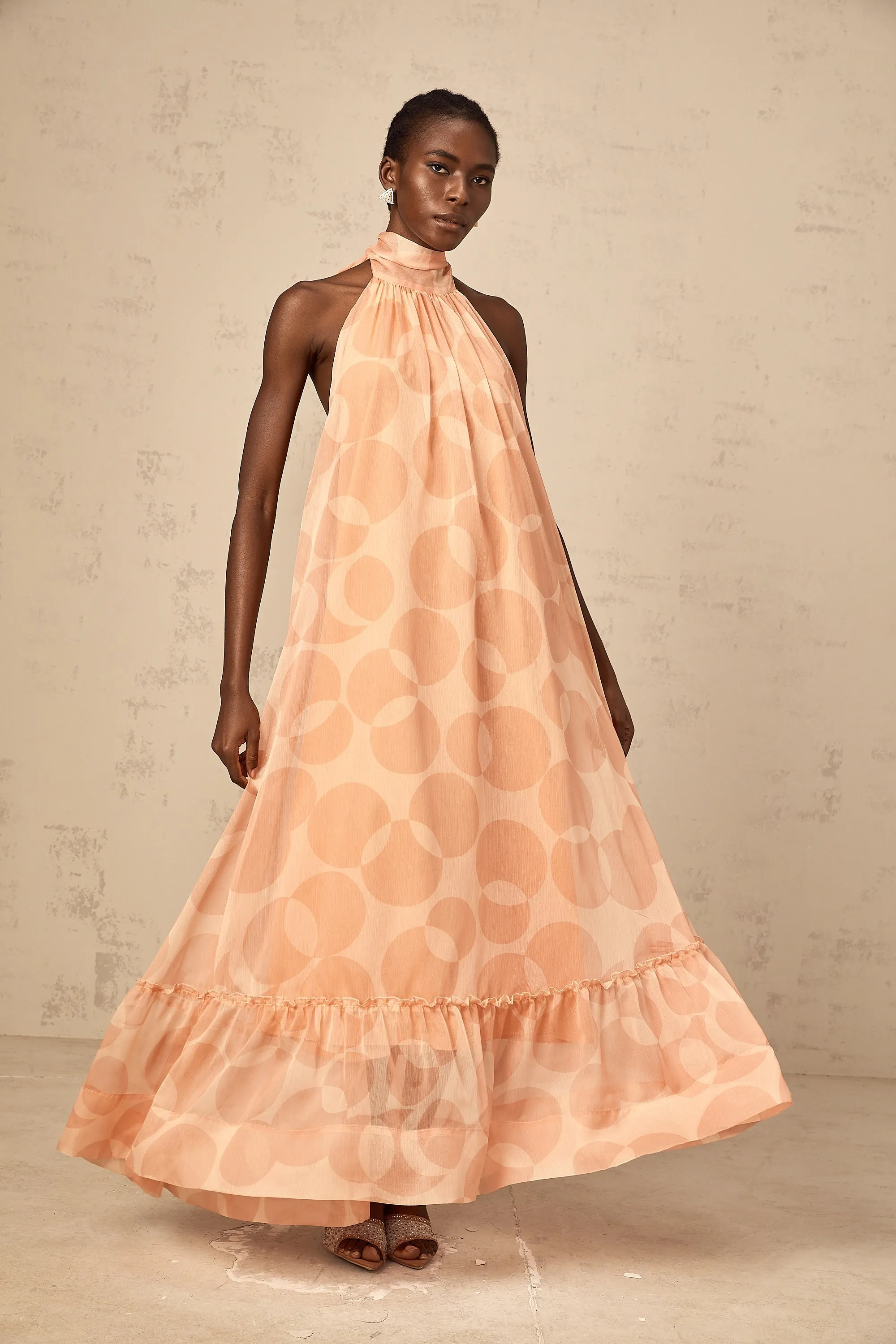 Clmence coral-pink halterneck pattern-print maxi dress