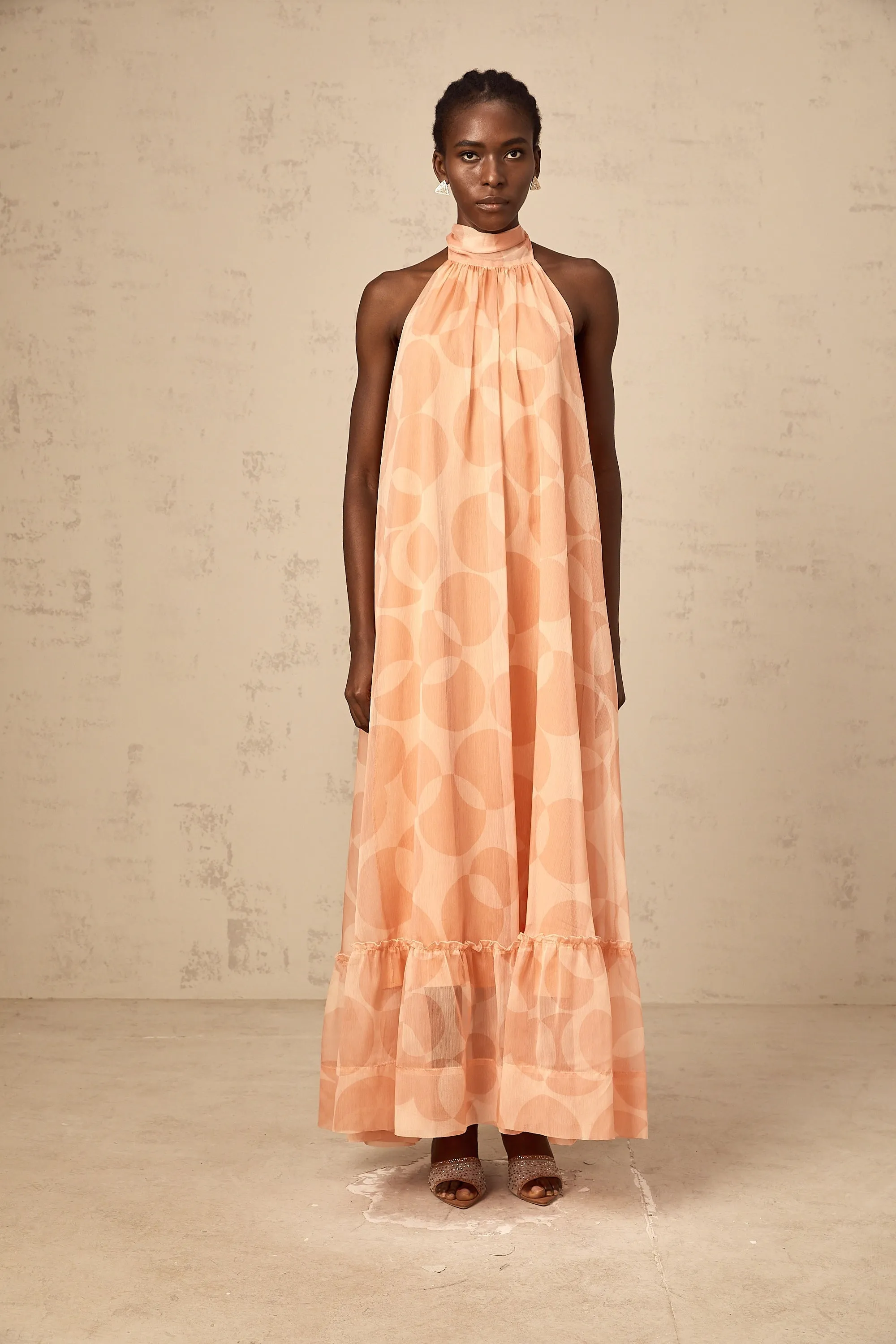 Clmence coral-pink halterneck pattern-print maxi dress