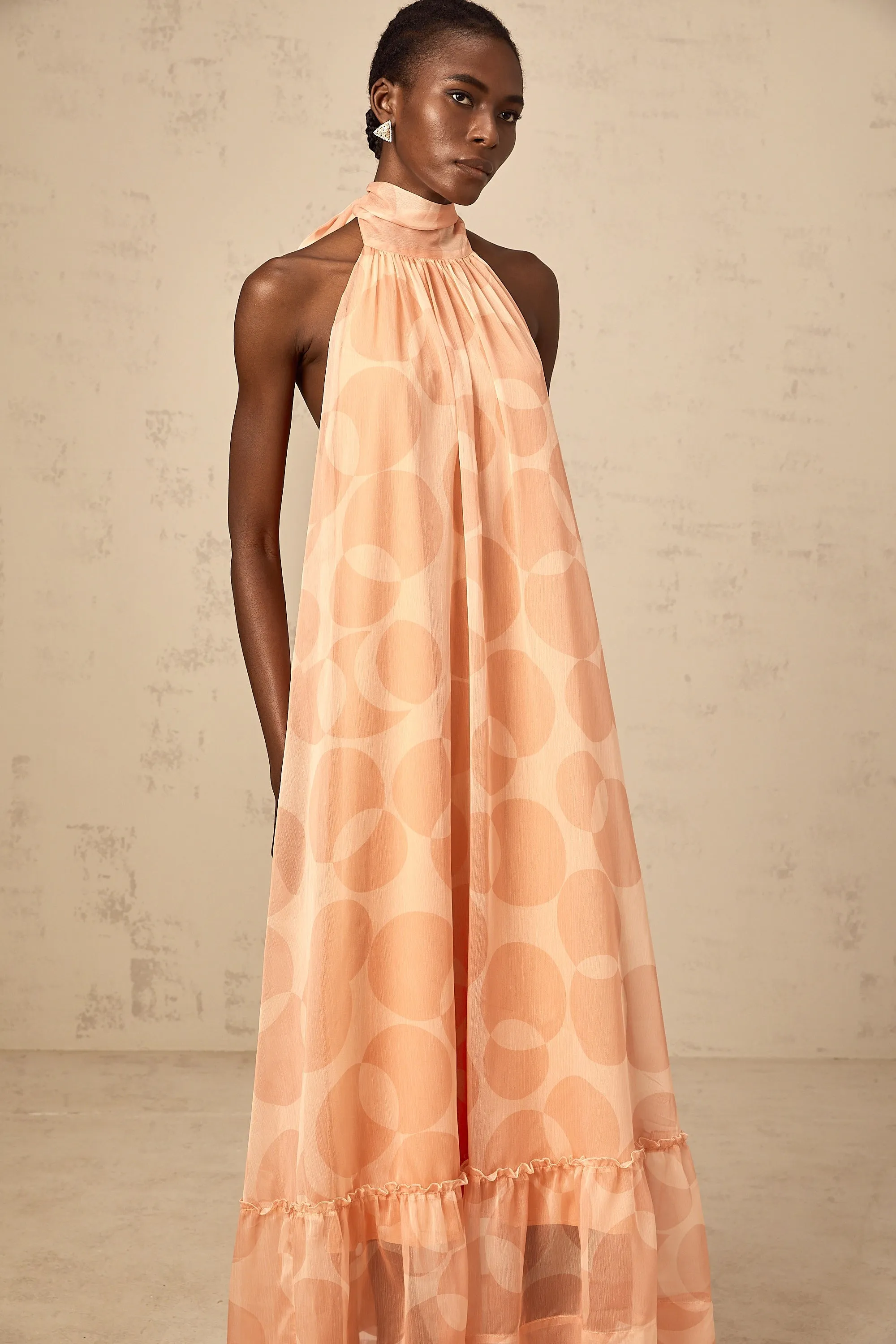 Clmence coral-pink halterneck pattern-print maxi dress