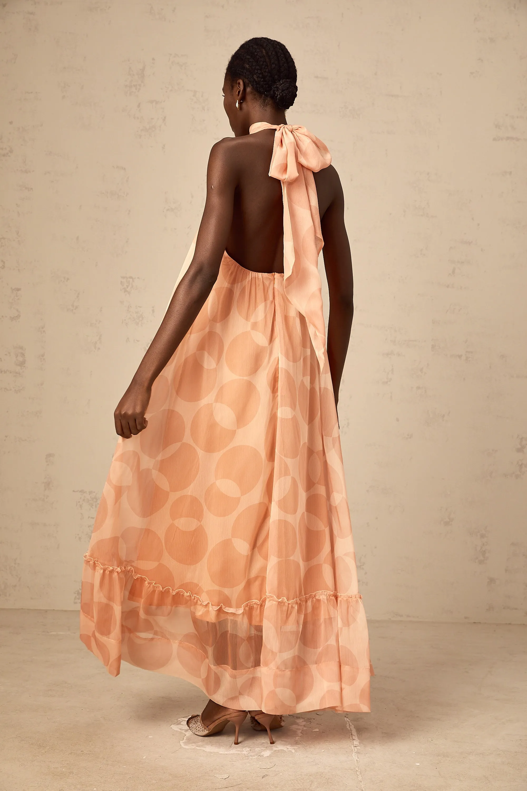 Clmence coral-pink halterneck pattern-print maxi dress