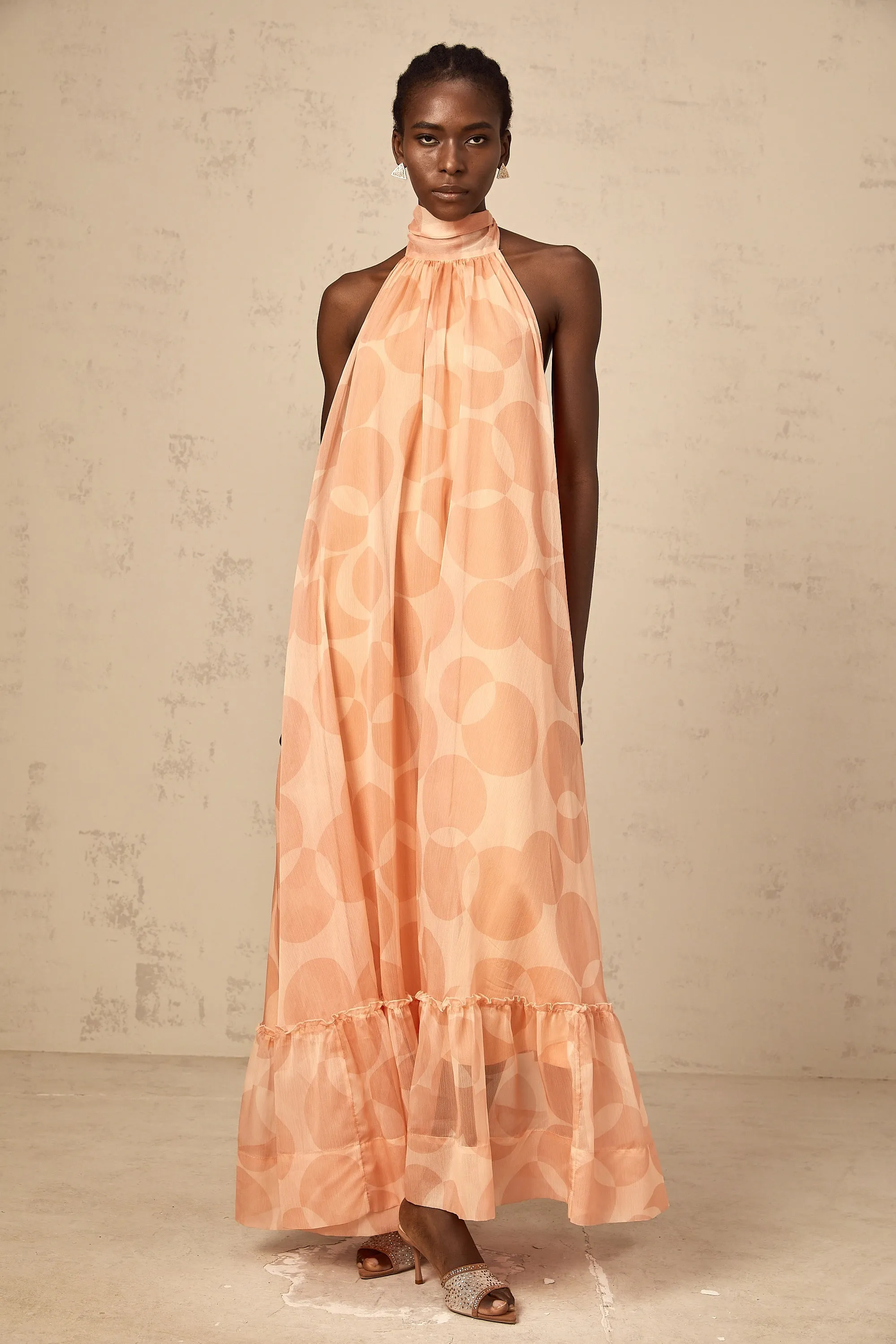 Clmence coral-pink halterneck pattern-print maxi dress
