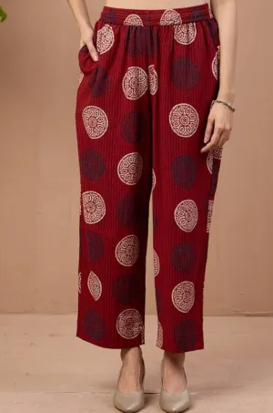 comfort fit ankle length narrow pants  - red slub cotton printed pants