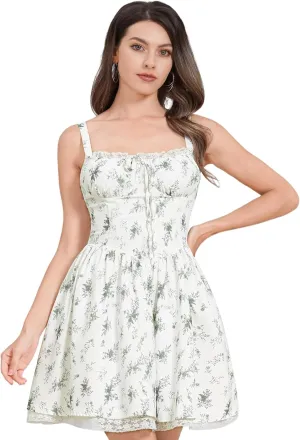 Corset Dresses for Women Spaghetti Straps Short Mini Floral Lace Bustier Dress Summer Boho Sundress
