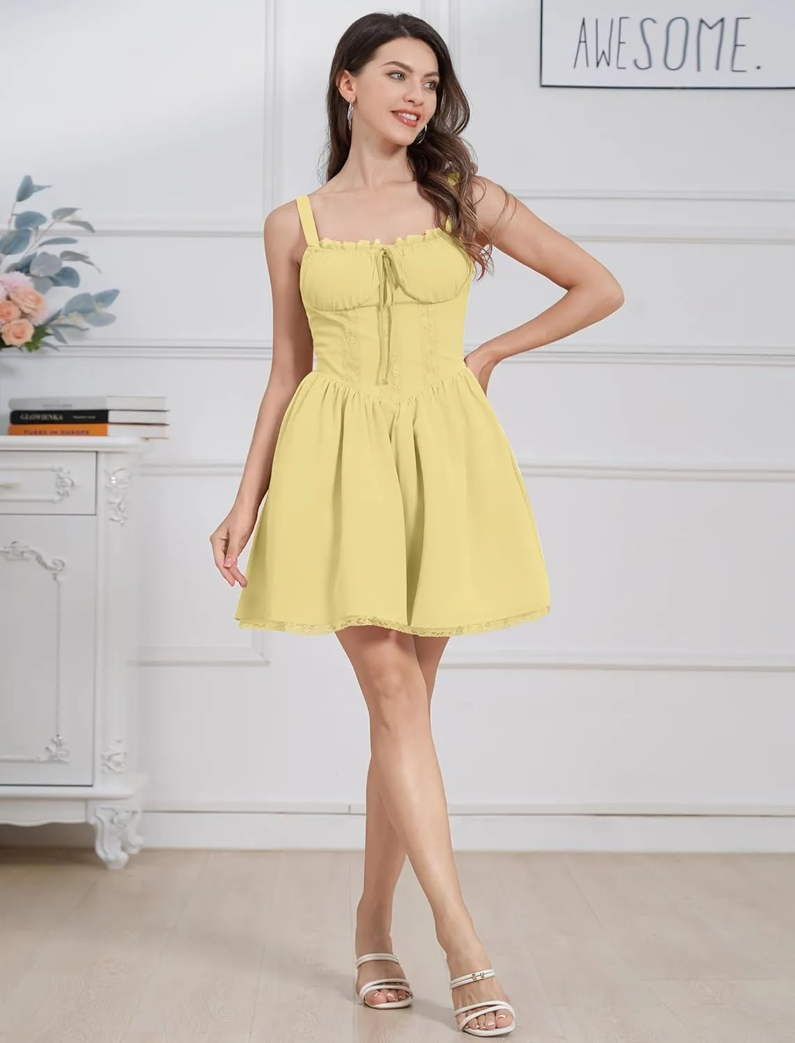 Corset Dresses for Women Spaghetti Straps Short Mini Floral Lace Bustier Dress Summer Boho Sundress