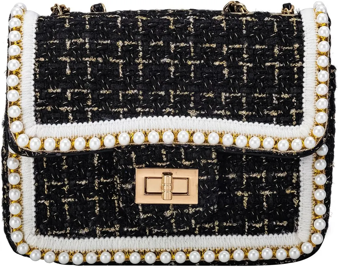 Crossbody Bag Clutch for Women Small Handbag Vintage Tweed Pearl Chain Purse Evening Satchel Shoulder Bag Cross body