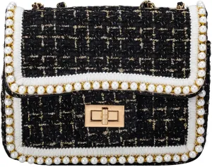 Crossbody Bag Clutch for Women Small Handbag Vintage Tweed Pearl Chain Purse Evening Satchel Shoulder Bag Cross body