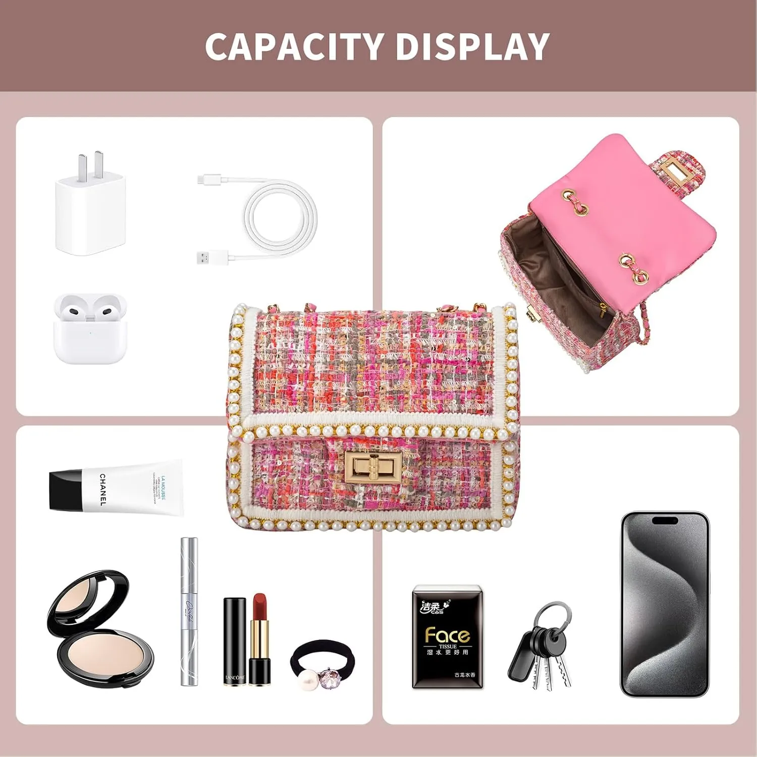 Crossbody Bag Clutch for Women Small Handbag Vintage Tweed Pearl Chain Purse Evening Satchel Shoulder Bag Cross body