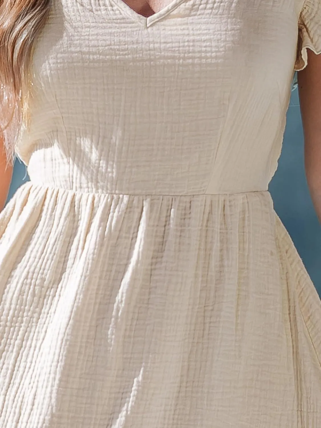 CUPSHE Women's Mini Dress V Neck Flutter Sleeve Cotton Self Tie Back A Line Short Summer Cover Up Dress