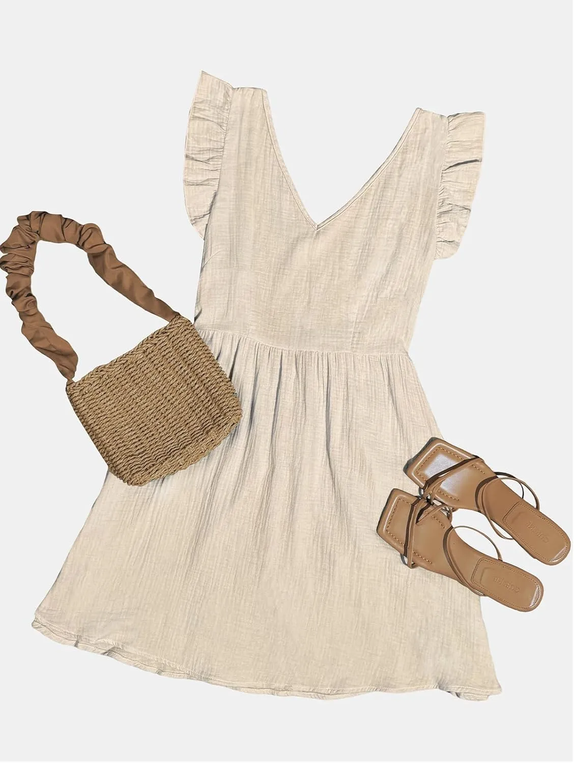 CUPSHE Women's Mini Dress V Neck Flutter Sleeve Cotton Self Tie Back A Line Short Summer Cover Up Dress