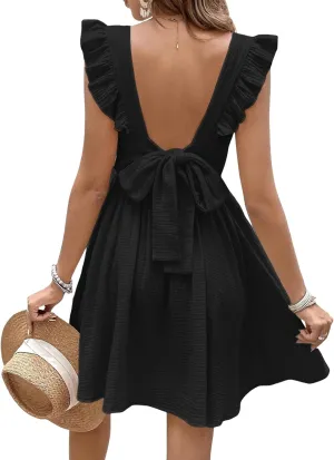 CUPSHE Women's Mini Dress V Neck Flutter Sleeve Cotton Self Tie Back A Line Short Summer Cover Up Dress