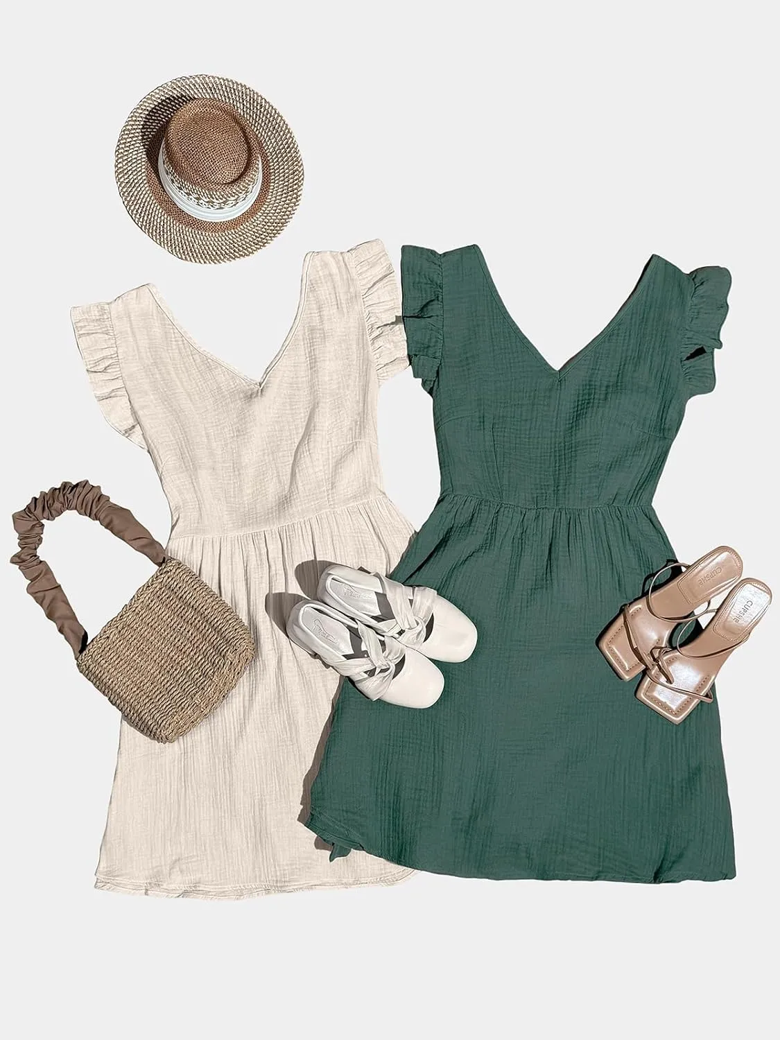 CUPSHE Women's Mini Dress V Neck Flutter Sleeve Cotton Self Tie Back A Line Short Summer Cover Up Dress