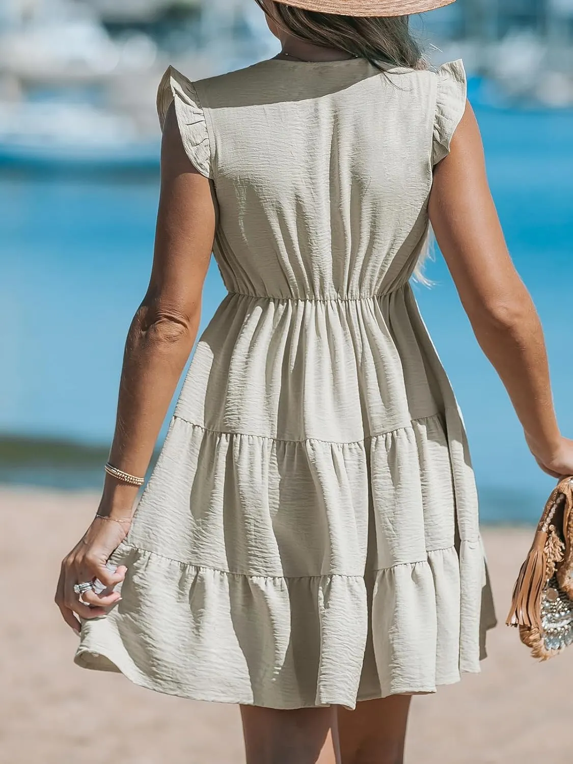 CUPSHE Women's Smocked Mini Dress Plunging V Neck Ruffled Summer Beach Cover Up Dress