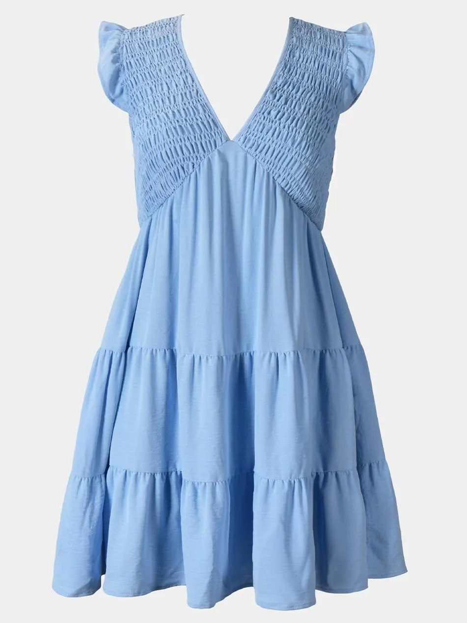 CUPSHE Women's Smocked Mini Dress Plunging V Neck Ruffled Summer Beach Cover Up Dress