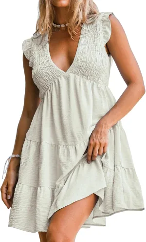 CUPSHE Women's Smocked Mini Dress Plunging V Neck Ruffled Summer Beach Cover Up Dress
