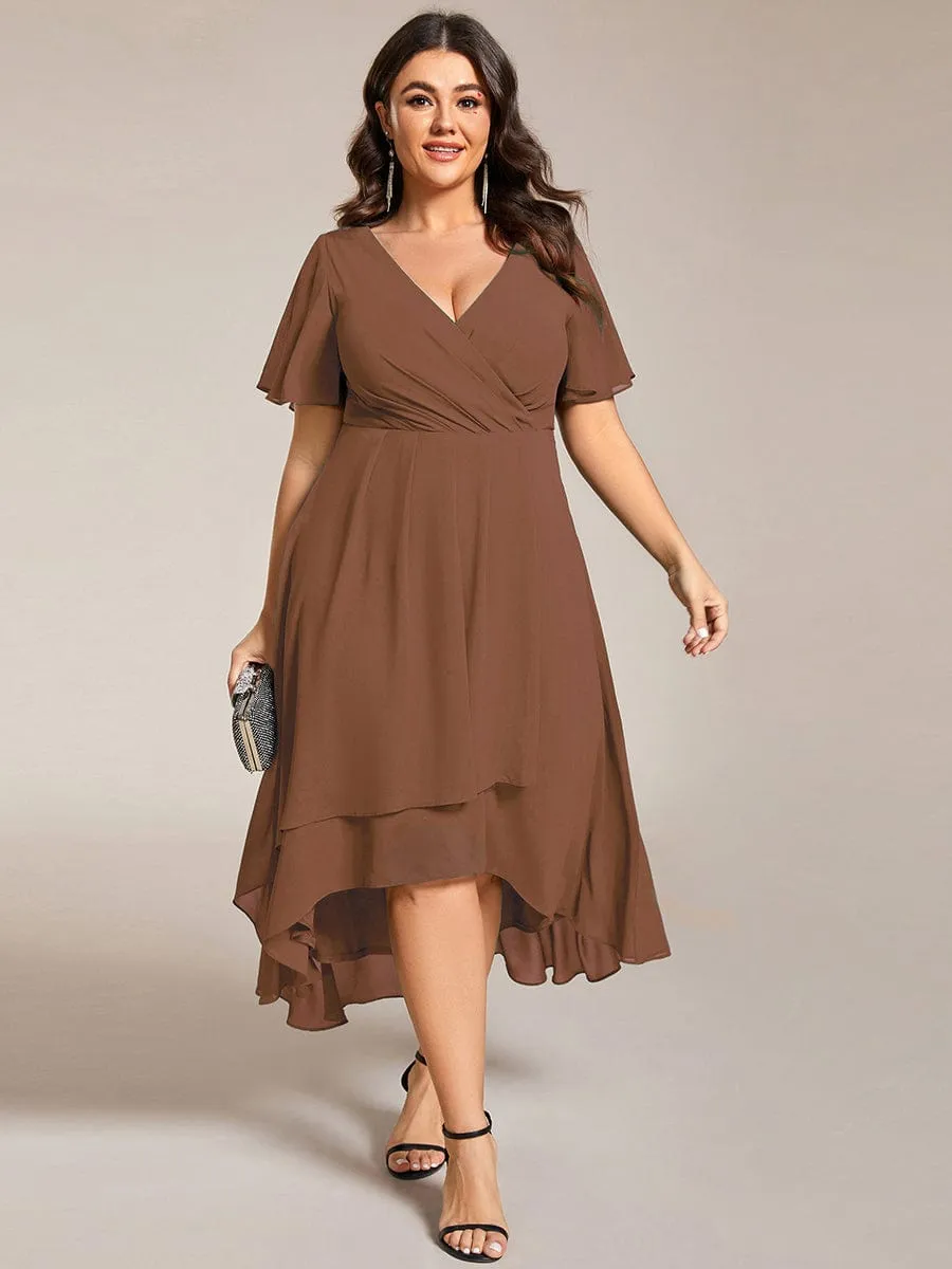 Custom Size Ruffles Sleeve Pleated V-Neck A-Line Midi Chiffon Wedding Guest Dress