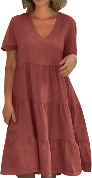 Deep V-Neck Tiered Dress for Womens Solid Short Sleeve Tunic Dress Cotton Linen Dress Casual Summer Plus Size Sundress Coffee, 4X-Large