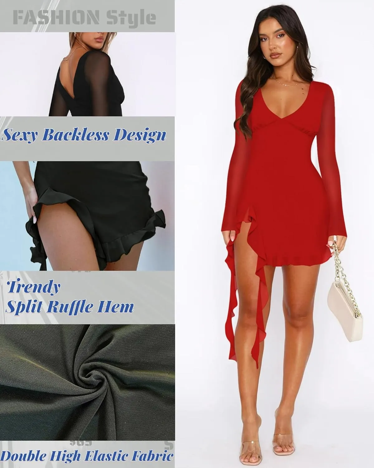 Doweha Women's Sexy Bell Long Sleeve Ruffle Slit Mini Mesh Dress Summer V Neck Backless Bodycon Short Party Cocktail Dress