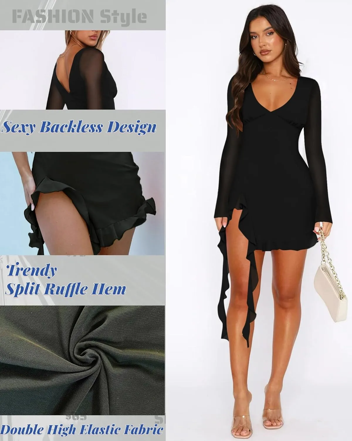 Doweha Women's Sexy Bell Long Sleeve Ruffle Slit Mini Mesh Dress Summer V Neck Backless Bodycon Short Party Cocktail Dress