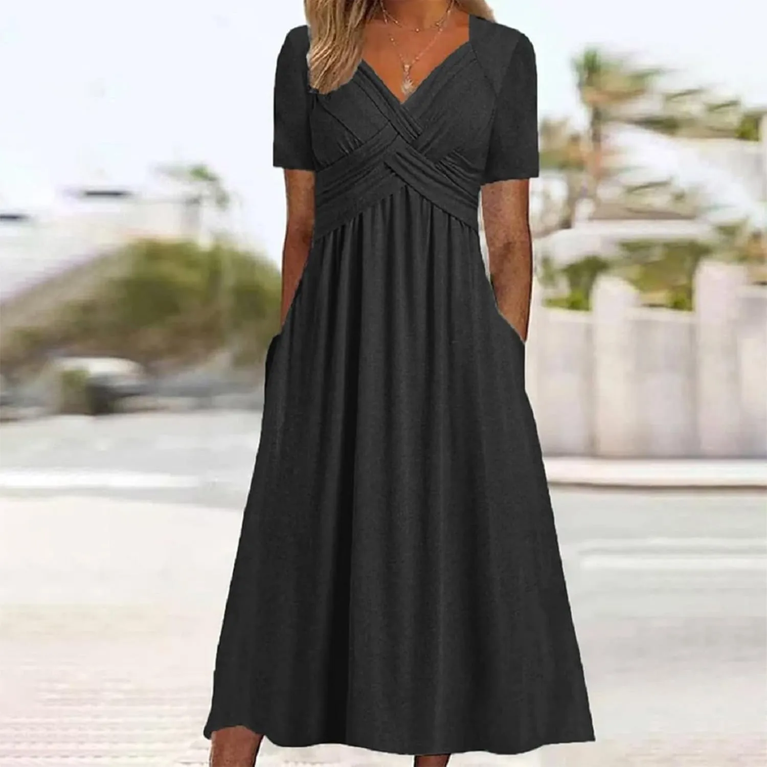 Dresses for Women Crisscross Twist Front V Neck Casual Short Sleeve Maxi Dress Pleated Beach Smocked Wedding Dress