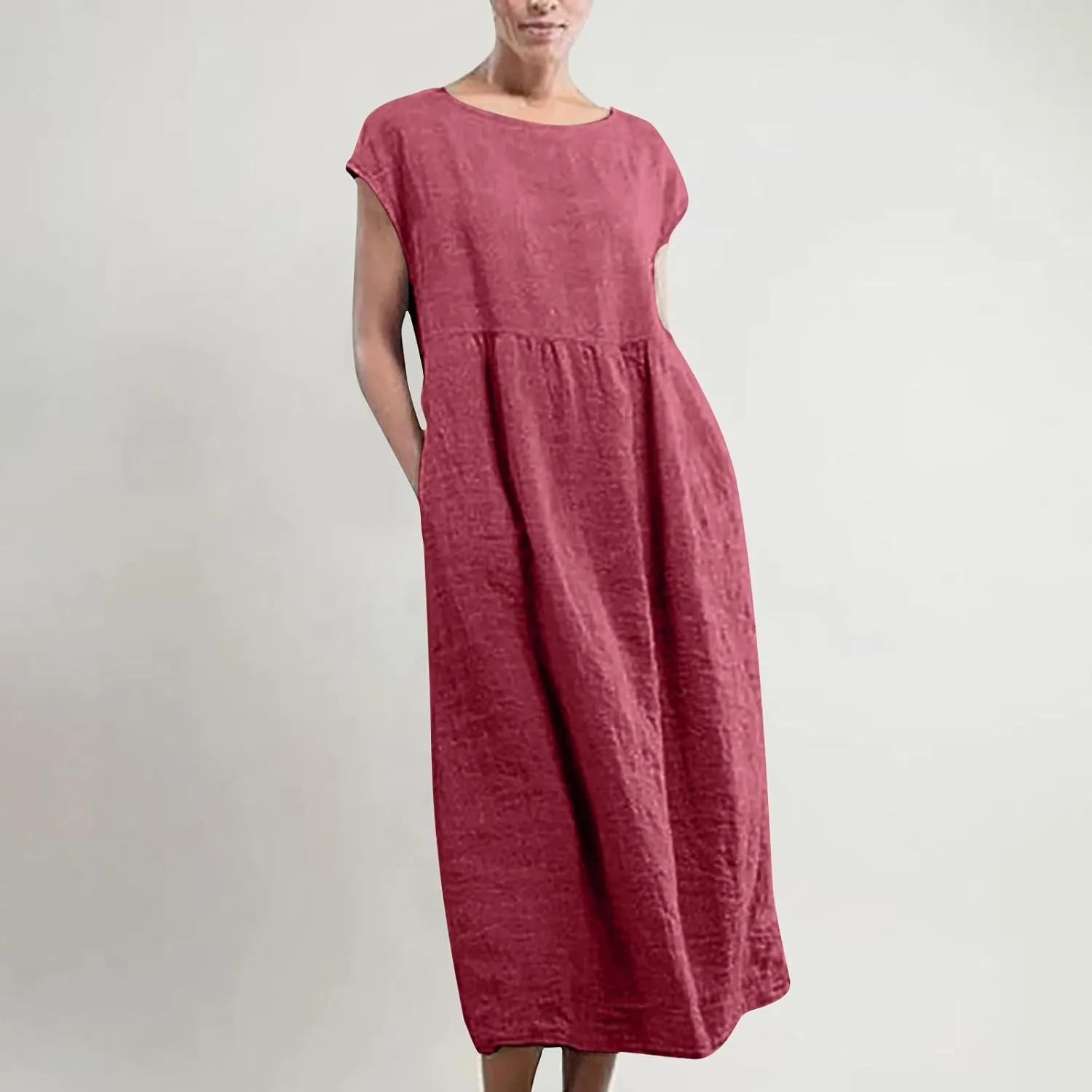 Dresses for Women Plus Size Summer Cotton Linen Dress Crewneck Cap Sleeve Loose Casual Beach Vacation Midi Dress