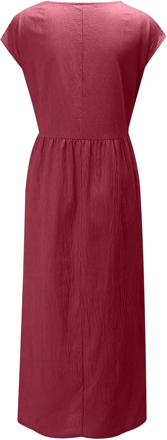 Dresses for Women Plus Size Summer Cotton Linen Dress Crewneck Cap Sleeve Loose Casual Beach Vacation Midi Dress
