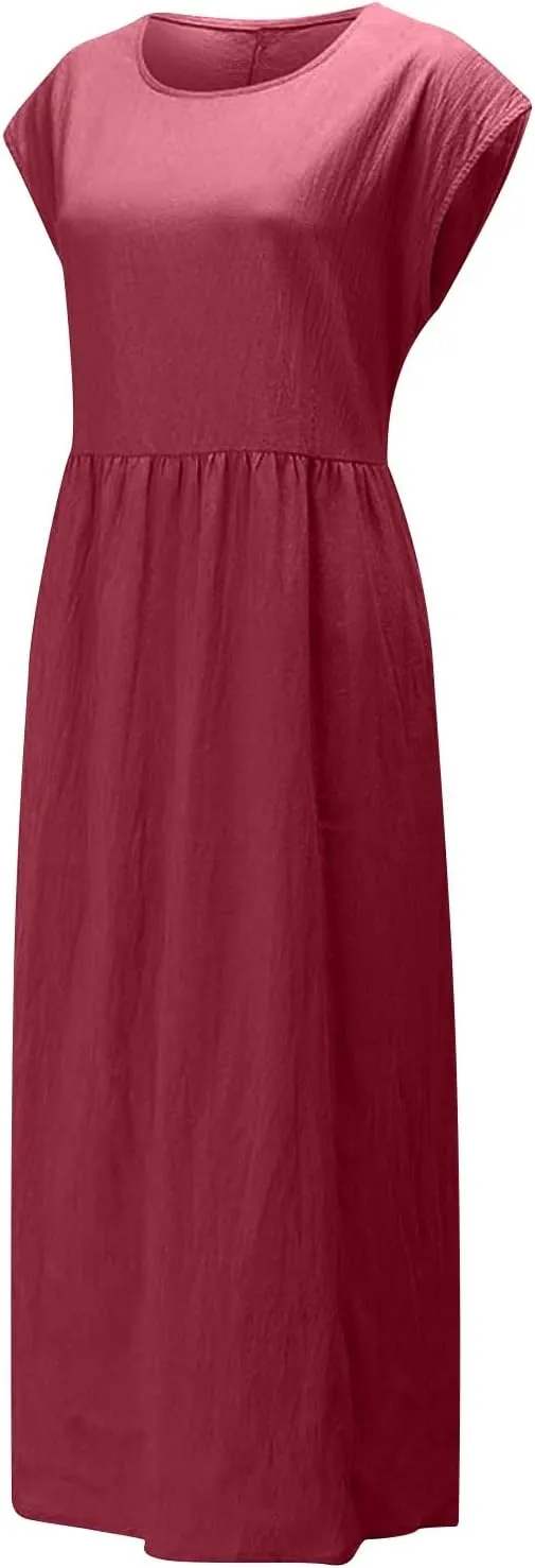 Dresses for Women Plus Size Summer Cotton Linen Dress Crewneck Cap Sleeve Loose Casual Beach Vacation Midi Dress