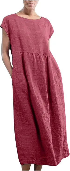 Dresses for Women Plus Size Summer Cotton Linen Dress Crewneck Cap Sleeve Loose Casual Beach Vacation Midi Dress