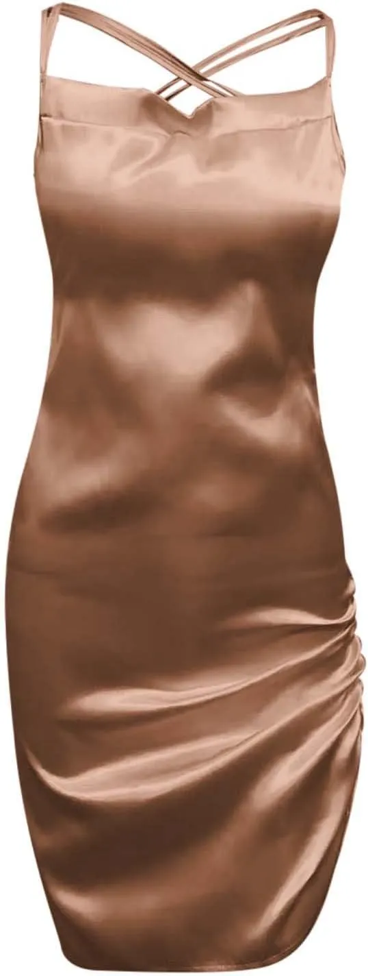 Dresses for Women Sexy Backless Ruched Bodycon Mini Dress Elegant Spaghetti Strap Cocktail Party Dress Girls Clubwear