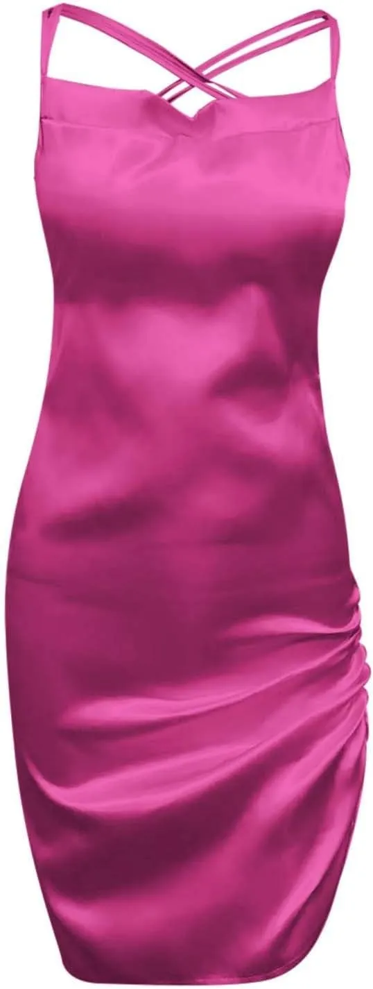 Dresses for Women Sexy Backless Ruched Bodycon Mini Dress Elegant Spaghetti Strap Cocktail Party Dress Girls Clubwear